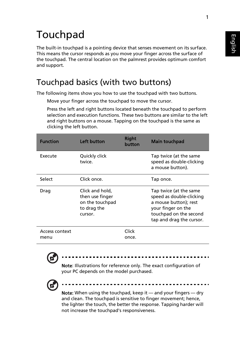 Touchpad, Touchpad basics (with two buttons) | Acer Aspire 4352G User Manual | Page 21 / 79