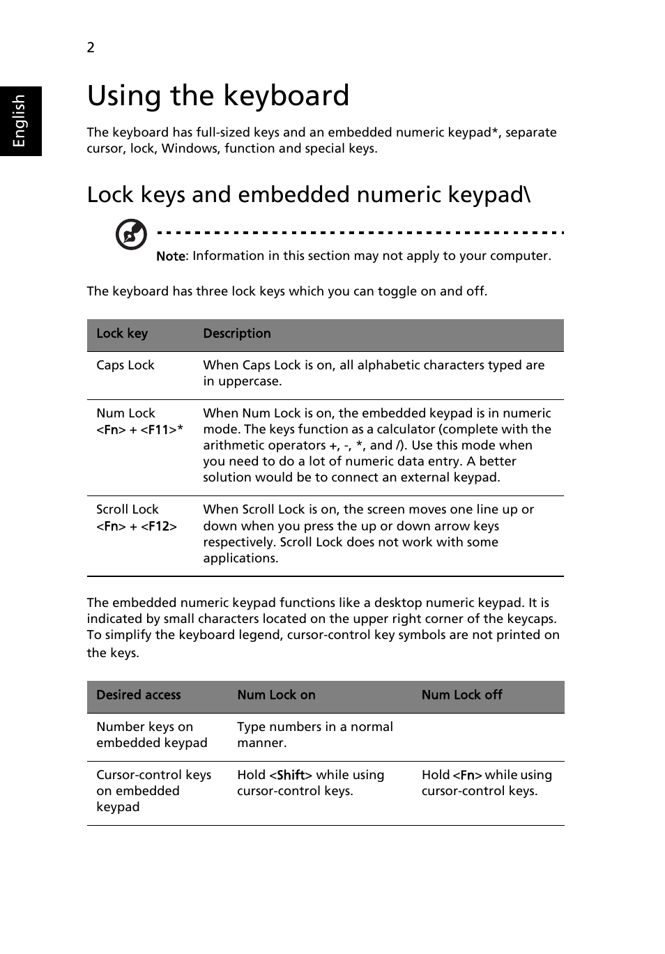 Using the keyboard, Lock keys and embedded numeric keypad | Acer Aspire 4352G User Manual | Page 22 / 79