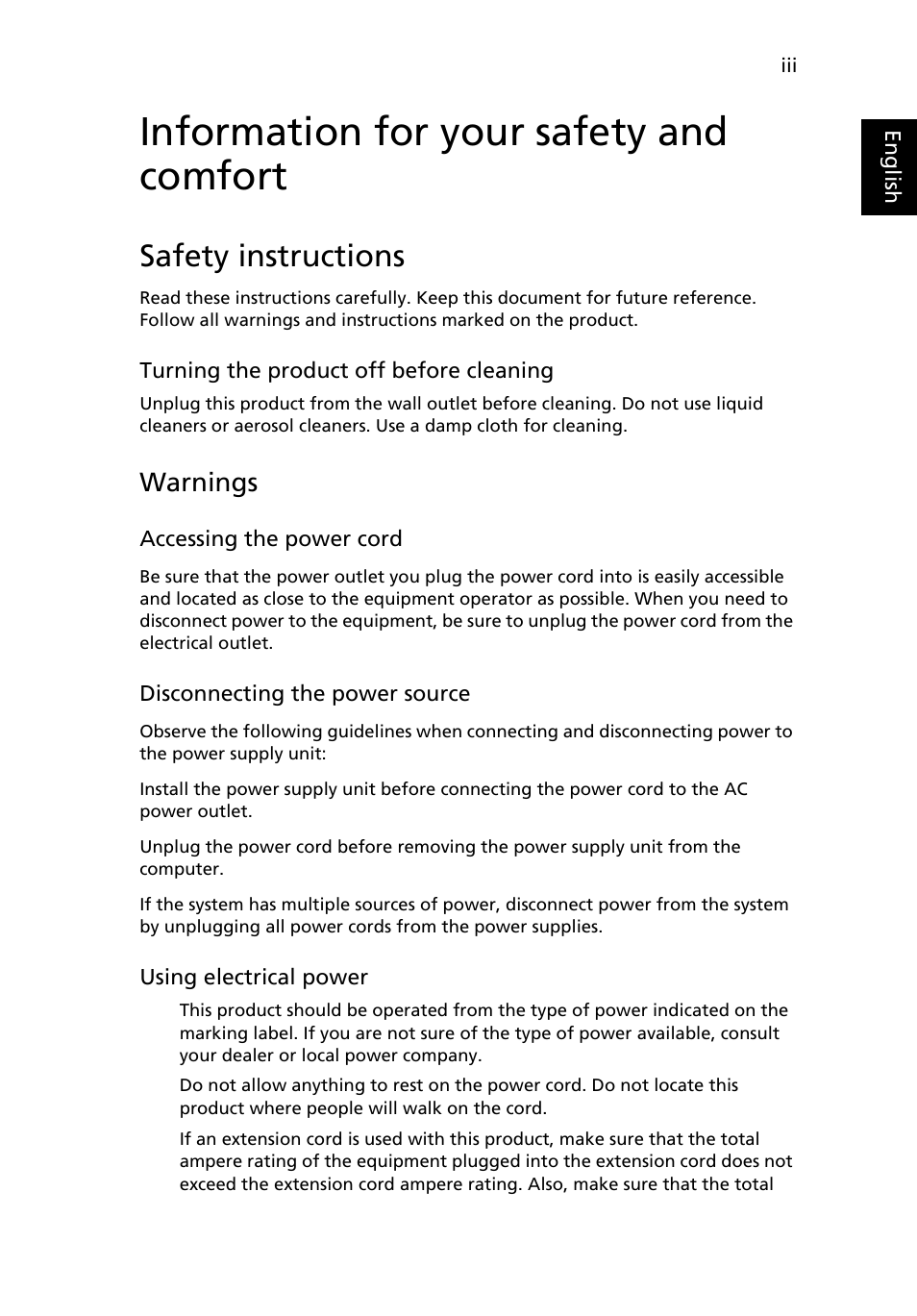 Information for your safety and comfort, Safety instructions, Warnings | Acer Aspire 4352G User Manual | Page 3 / 79