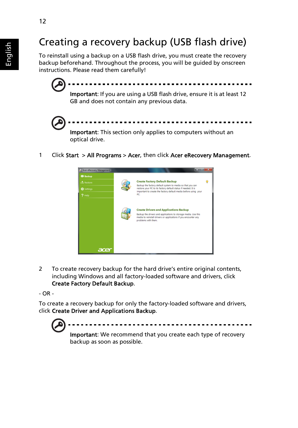 Creating a recovery backup (usb flash drive) | Acer Aspire 4352G User Manual | Page 32 / 79