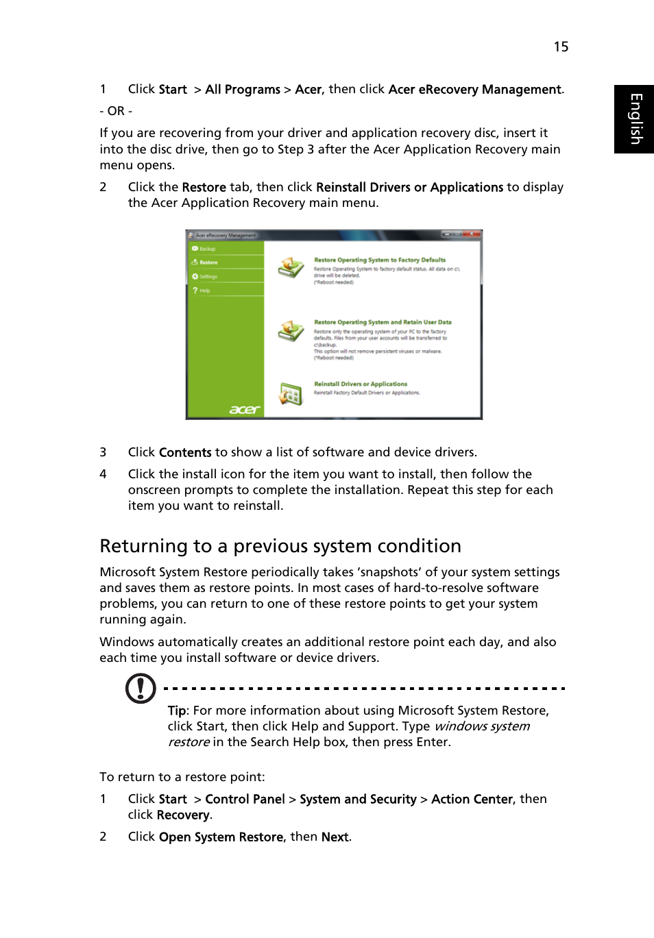 Returning to a previous system condition | Acer Aspire 4352G User Manual | Page 35 / 79