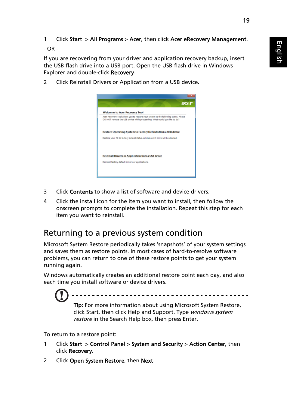 Returning to a previous system condition | Acer Aspire 4352G User Manual | Page 39 / 79