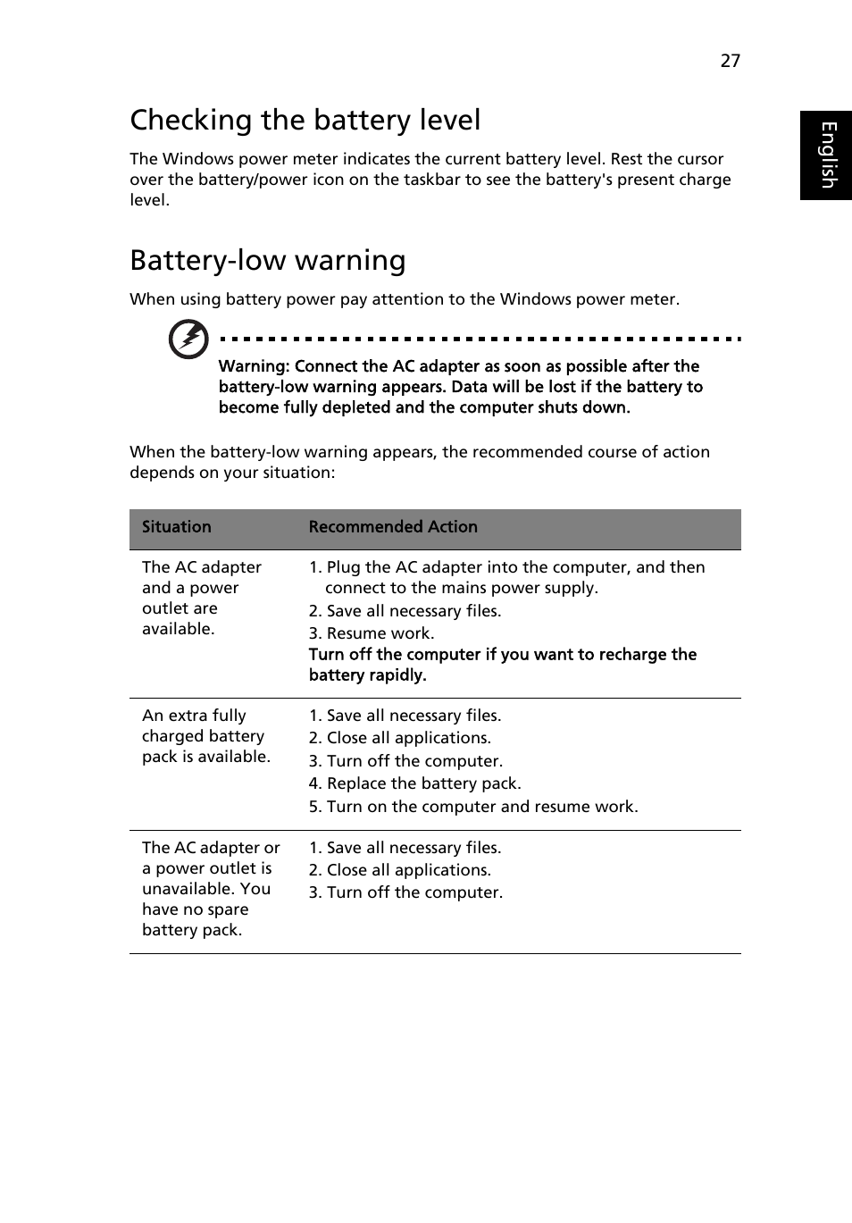 Checking the battery level, Battery-low warning | Acer Aspire 4352G User Manual | Page 47 / 79