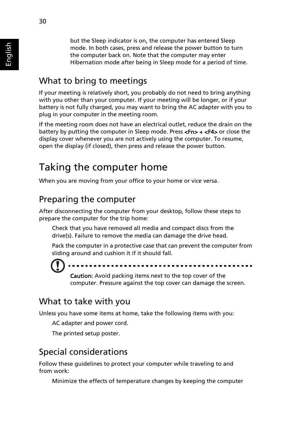 Taking the computer home, What to bring to meetings, Preparing the computer | What to take with you, Special considerations | Acer Aspire 4352G User Manual | Page 50 / 79