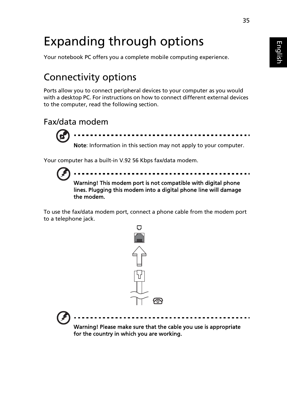 Expanding through options, Connectivity options, Fax/data modem | Acer Aspire 4352G User Manual | Page 55 / 79