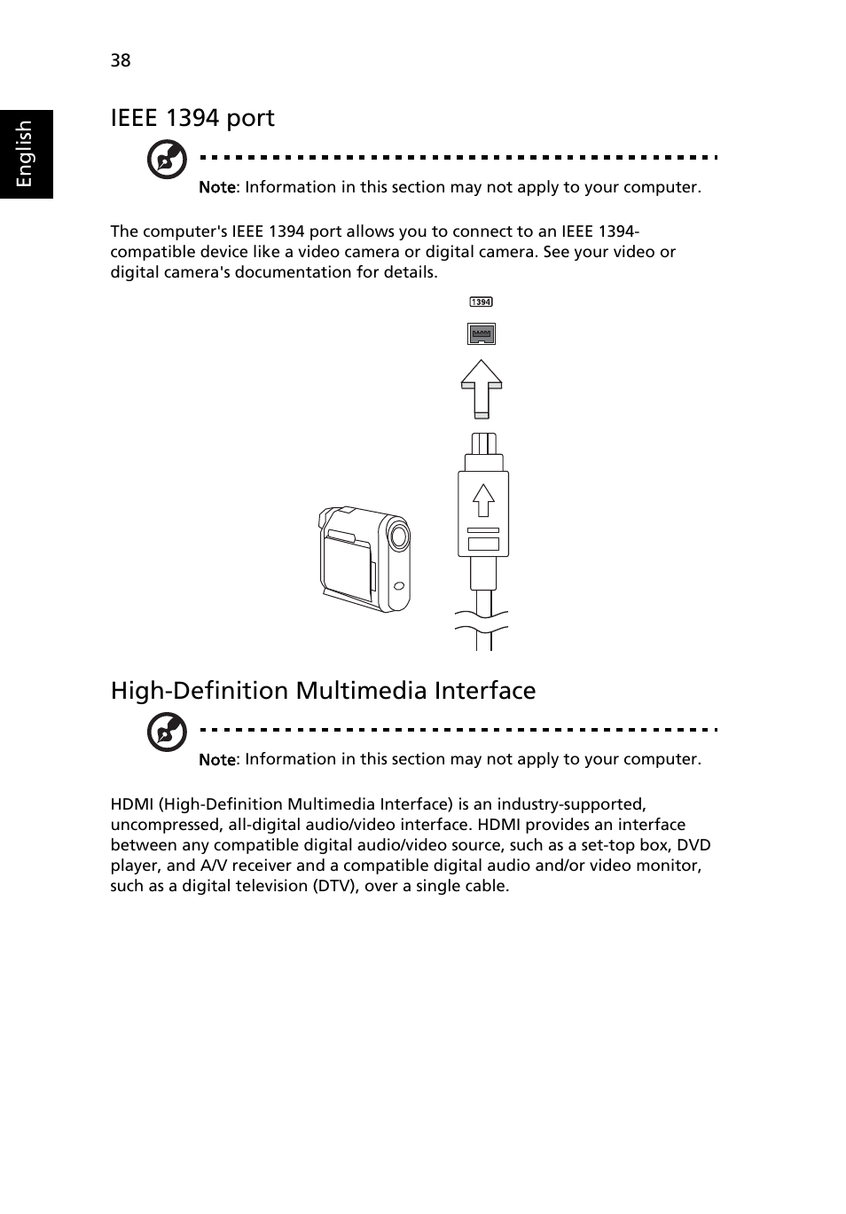 Ieee 1394 port, High-definition multimedia interface | Acer Aspire 4352G User Manual | Page 58 / 79