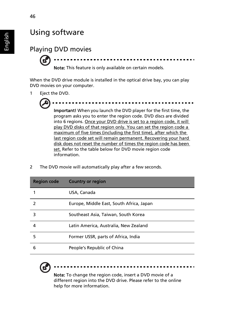 Using software, Playing dvd movies | Acer Aspire 4352G User Manual | Page 66 / 79