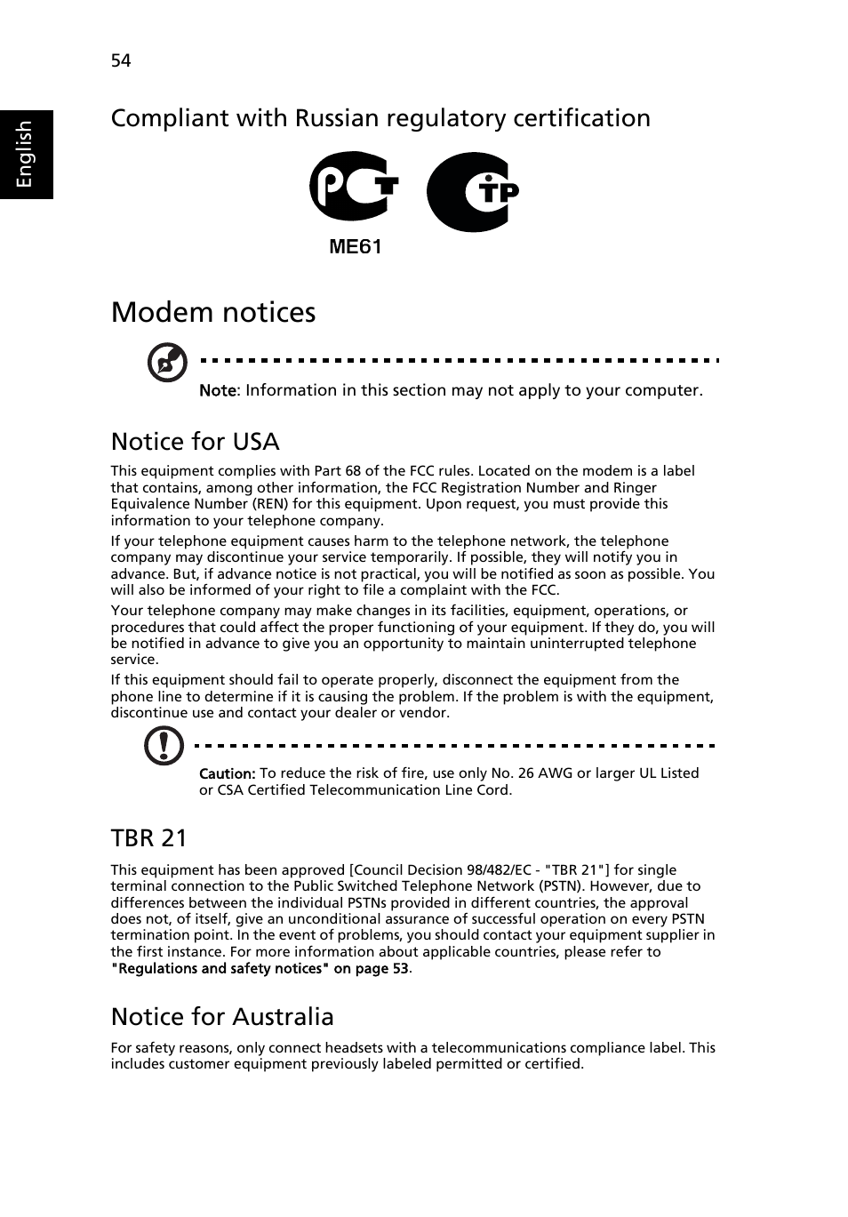 Modem notices, Compliant with russian regulatory certification, Notice for usa | Tbr 21, Notice for australia, English | Acer Aspire 4352G User Manual | Page 74 / 79