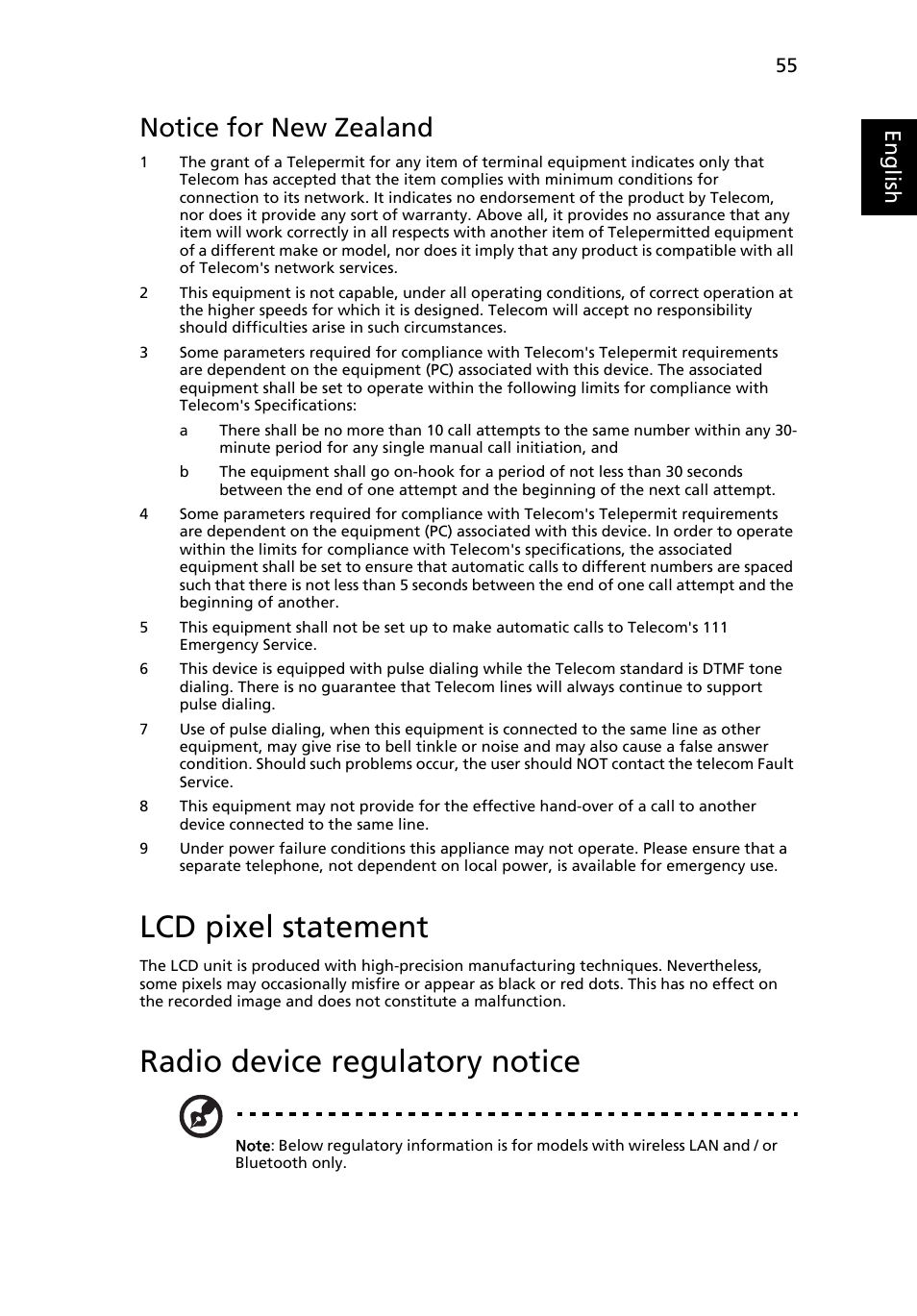 Lcd pixel statement, Radio device regulatory notice, Notice for new zealand | Eng lis h | Acer Aspire 4352G User Manual | Page 75 / 79