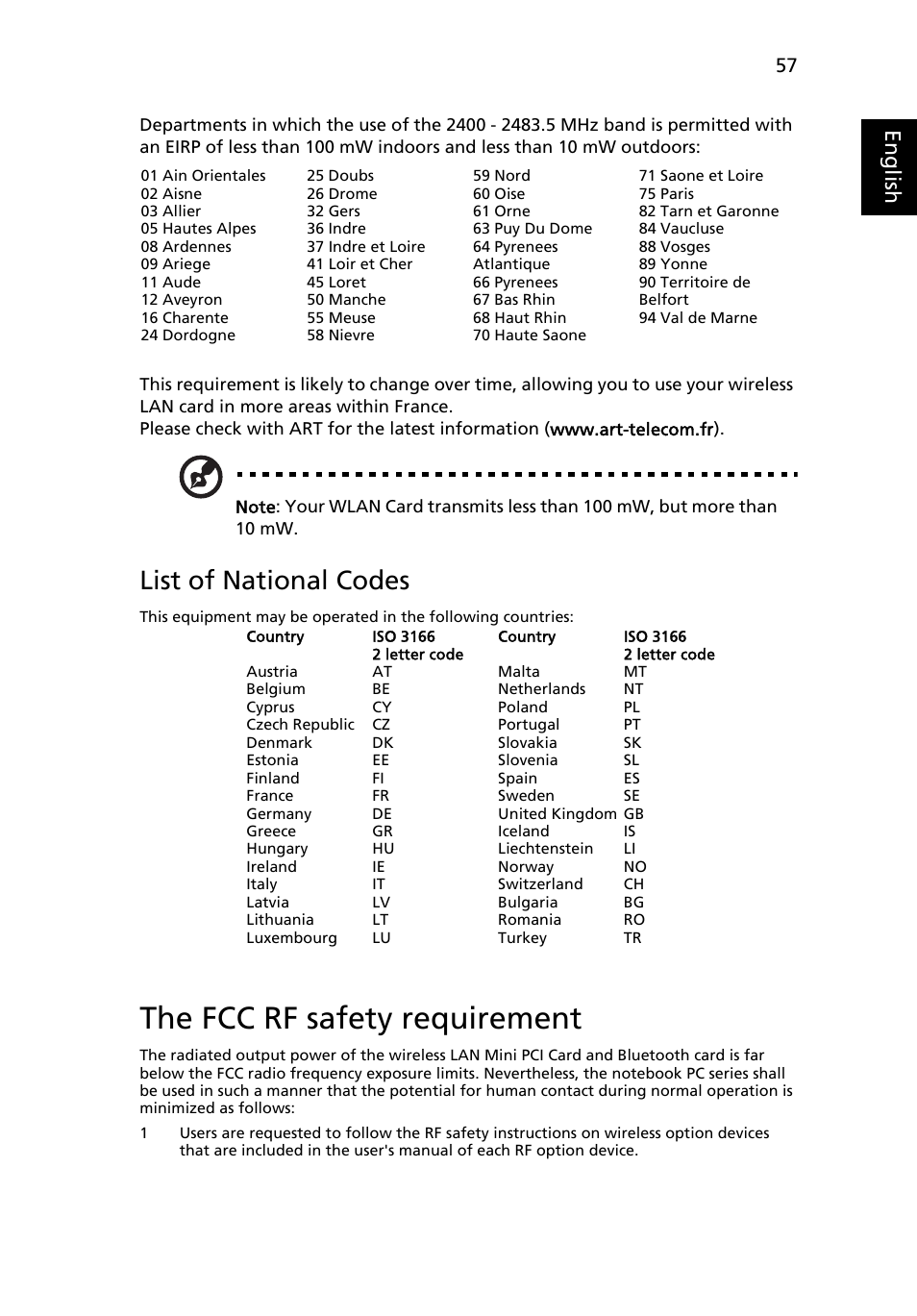 The fcc rf safety requirement, List of national codes, Eng lis h | Acer Aspire 4352G User Manual | Page 77 / 79