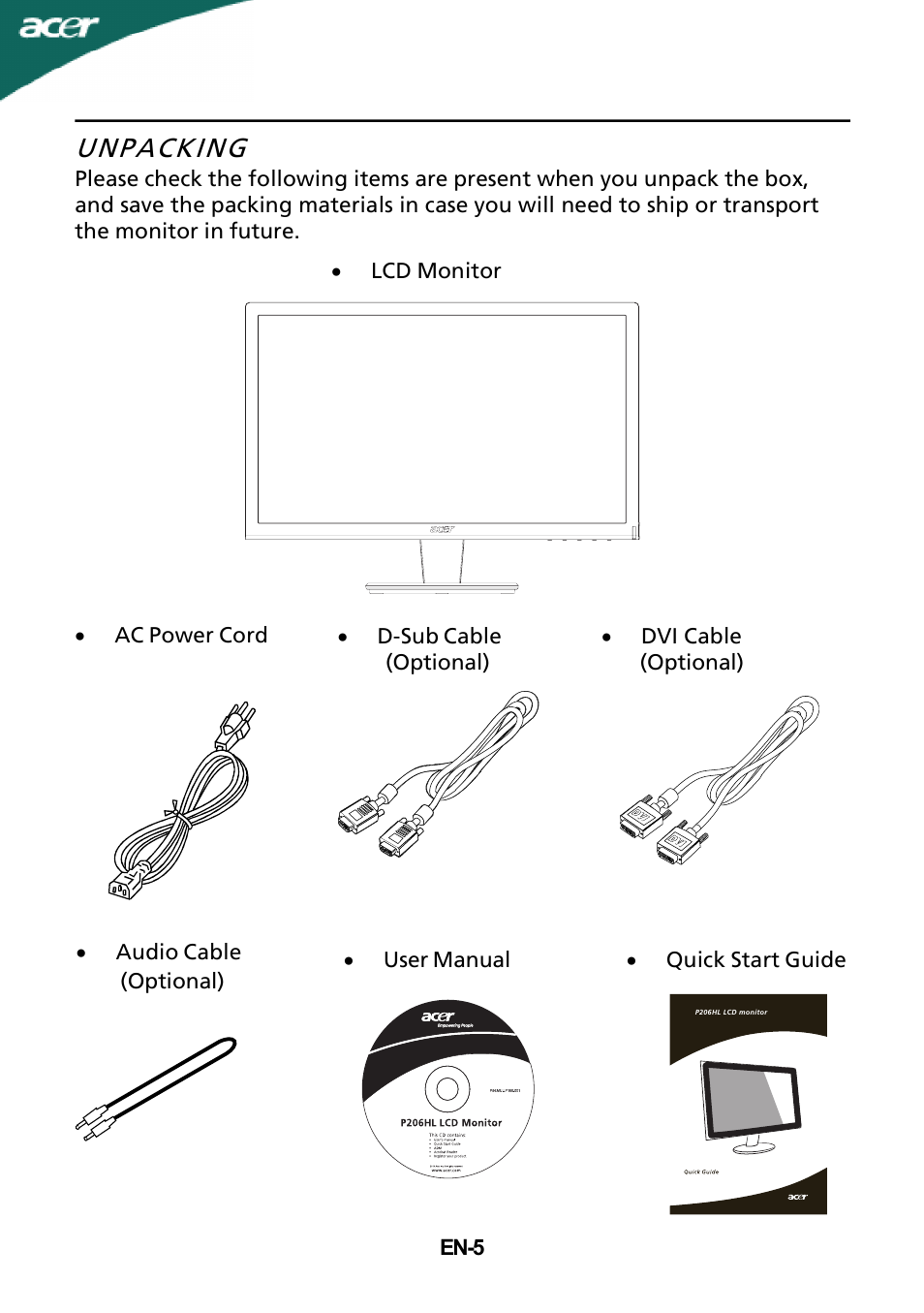 Unpacking | Acer P206H User Manual | Page 6 / 23