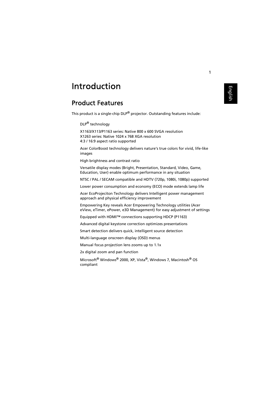 Introduction, Product features | Acer P1163 User Manual | Page 11 / 57