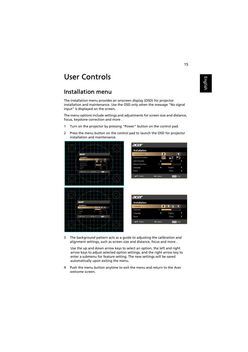 User controls, Installation menu | Acer P1163 User Manual | Page 25 / 57