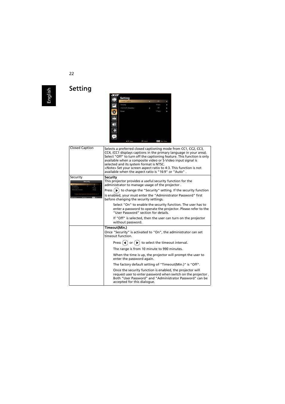 Setting | Acer P1163 User Manual | Page 32 / 57