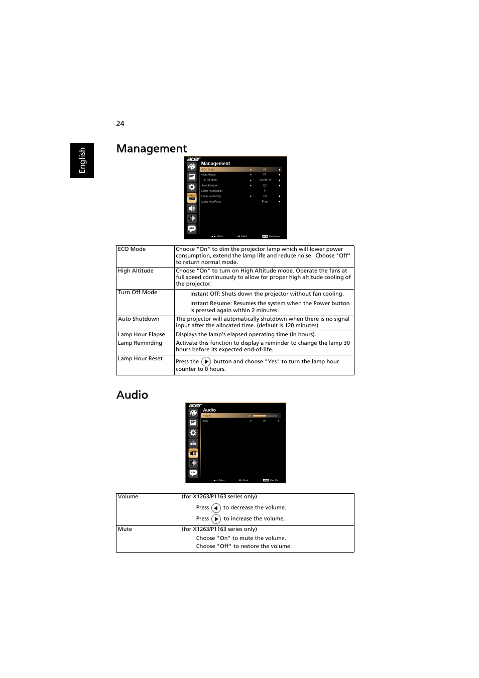 Management, Audio, Management audio | Acer P1163 User Manual | Page 34 / 57