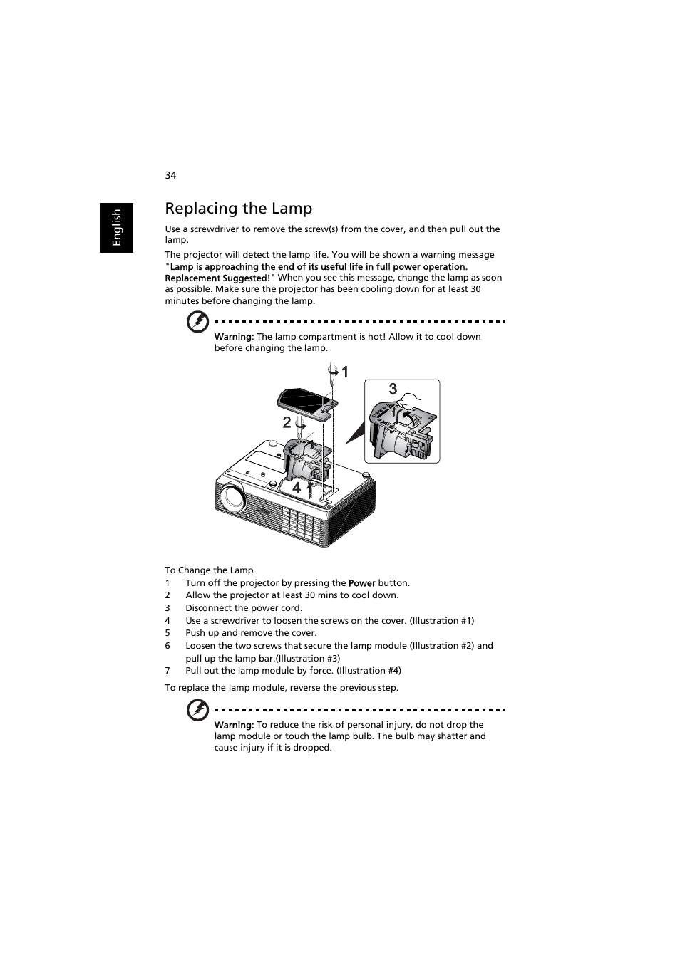 Replacing the lamp | Acer P1163 User Manual | Page 44 / 57