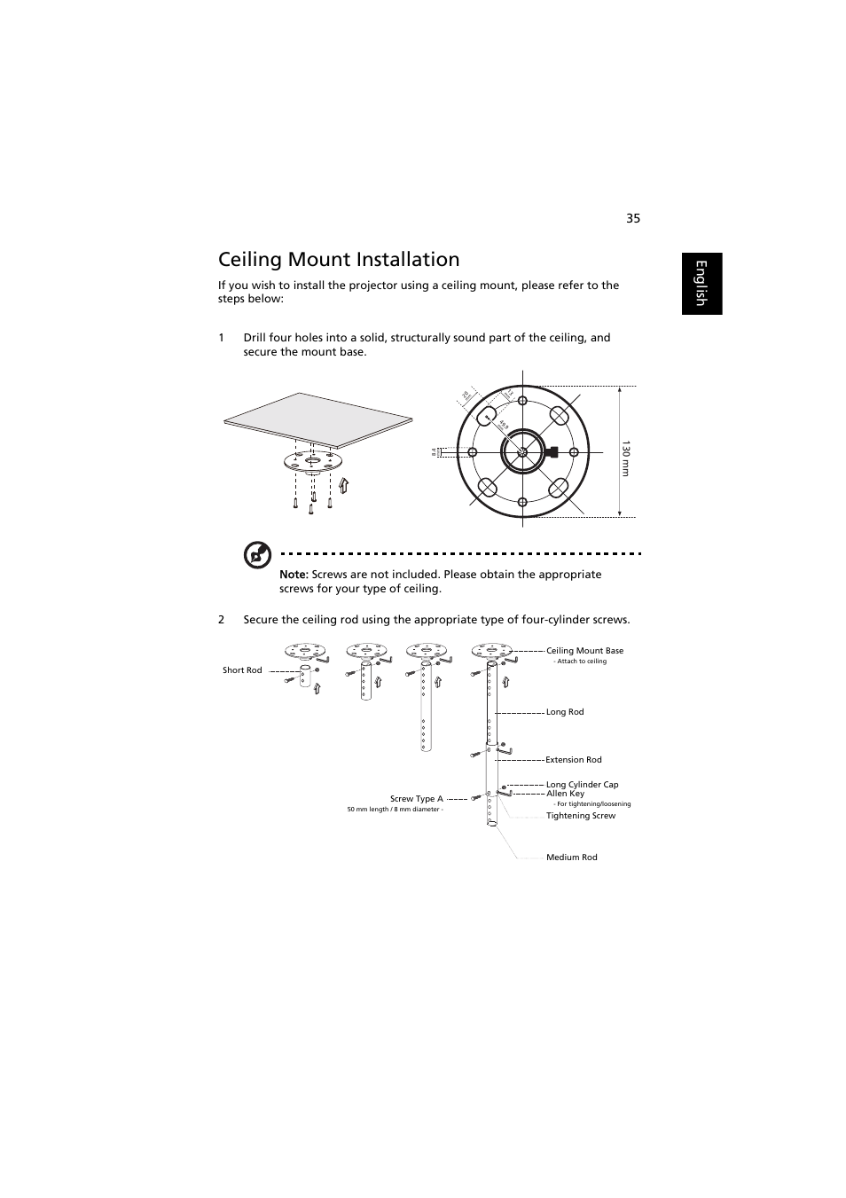 Ceiling mount installation, English | Acer P1163 User Manual | Page 45 / 57