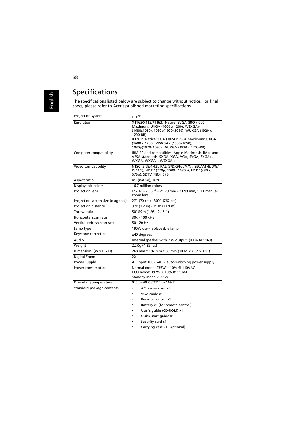 Specifications, En gl ish | Acer P1163 User Manual | Page 48 / 57