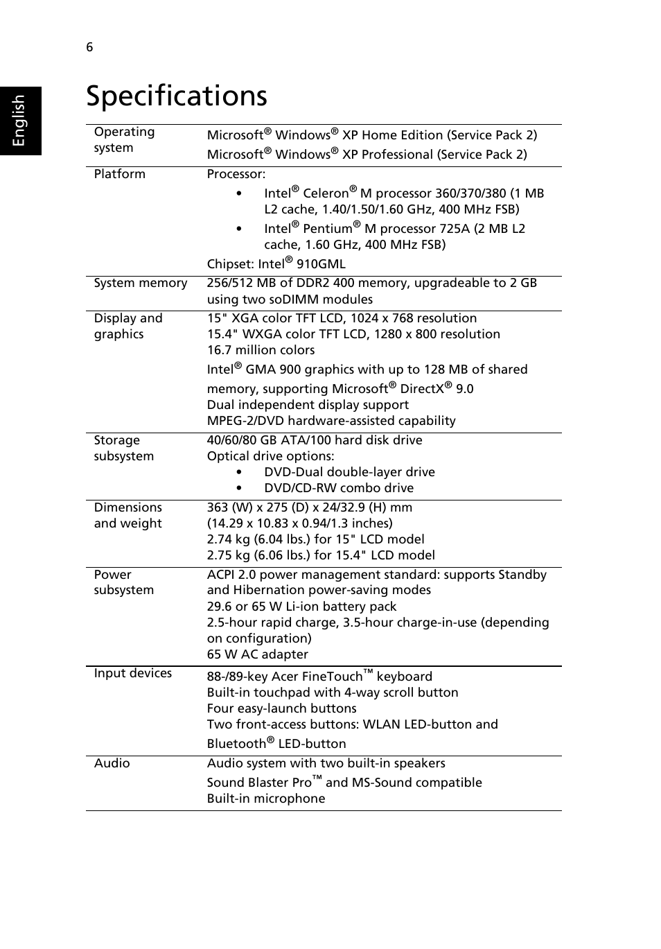 Specifications, English | Acer TravelMate 2410 User Manual | Page 14 / 64