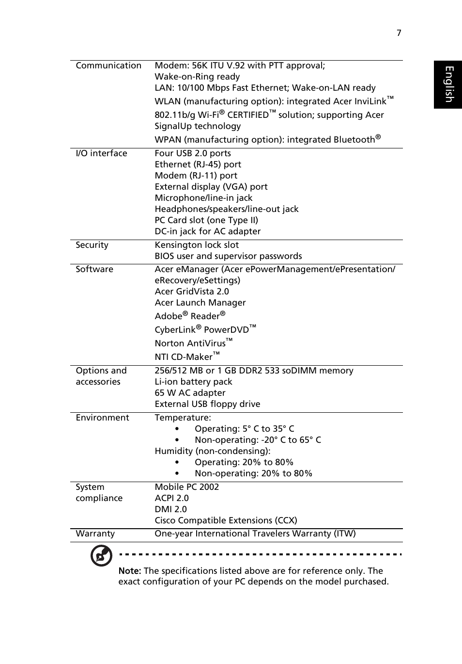 Eng lis h | Acer TravelMate 2410 User Manual | Page 15 / 64