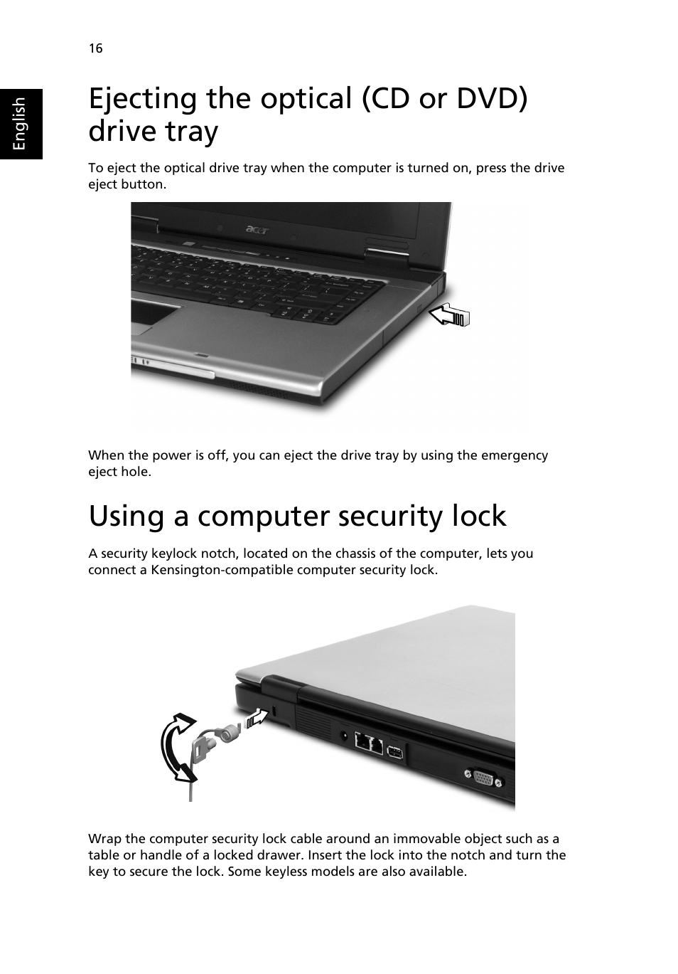 Ejecting the optical (cd or dvd) drive tray, Using a computer security lock | Acer TravelMate 2410 User Manual | Page 24 / 64