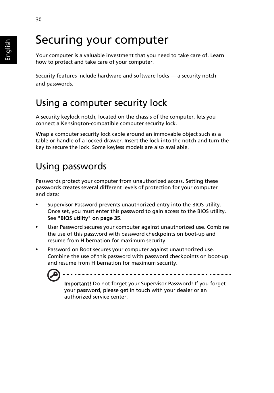 Securing your computer, Using a computer security lock, Using passwords | Acer TravelMate 2410 User Manual | Page 38 / 64