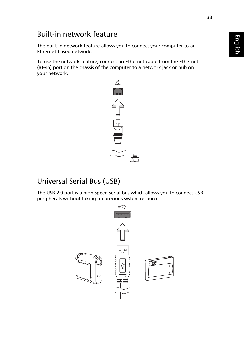 Built-in network feature, Universal serial bus (usb) | Acer TravelMate 2410 User Manual | Page 41 / 64