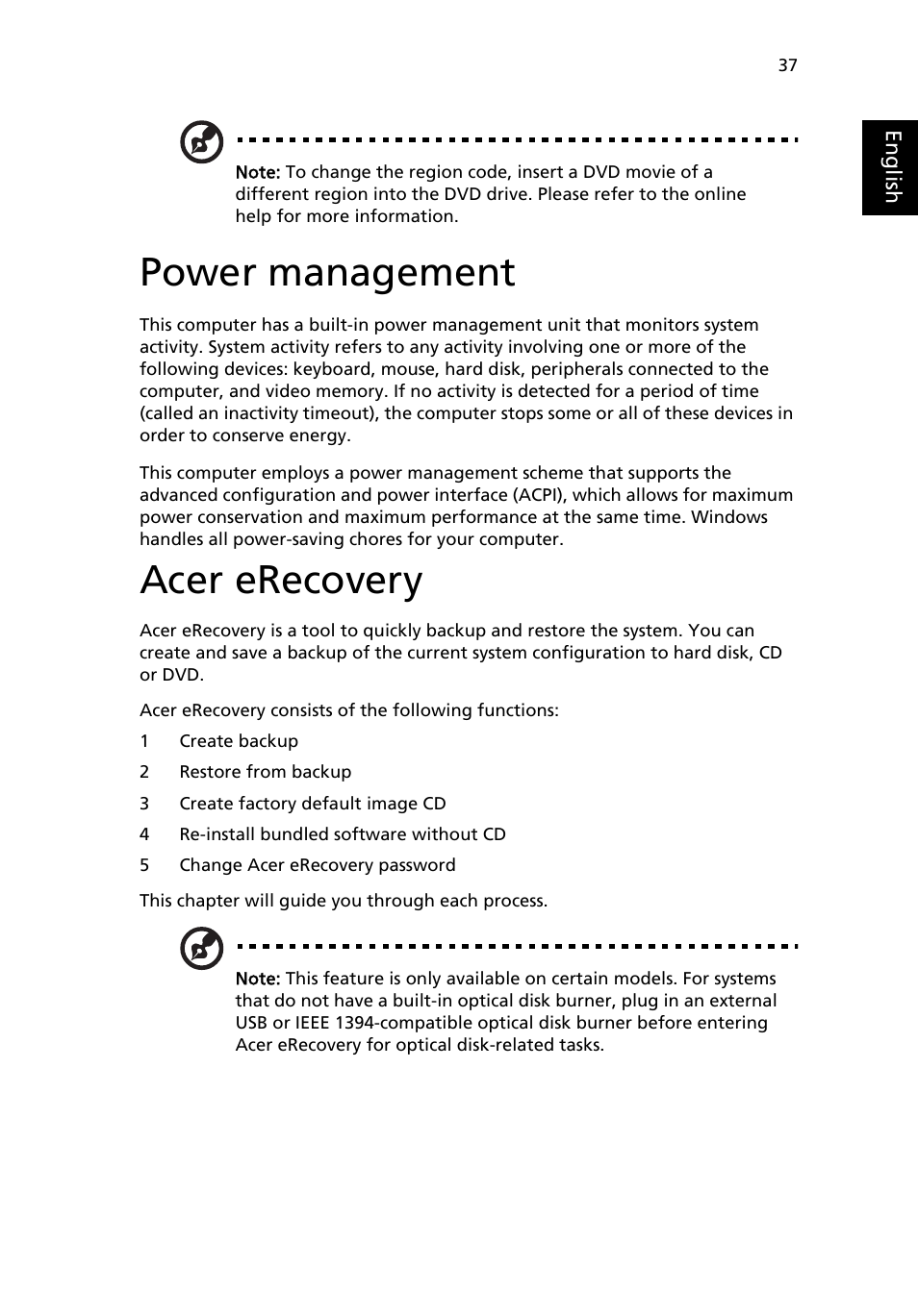 Power management, Acer erecovery | Acer TravelMate 2410 User Manual | Page 45 / 64