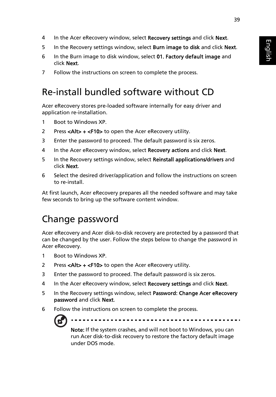 Re-install bundled software without cd, Change password | Acer TravelMate 2410 User Manual | Page 47 / 64