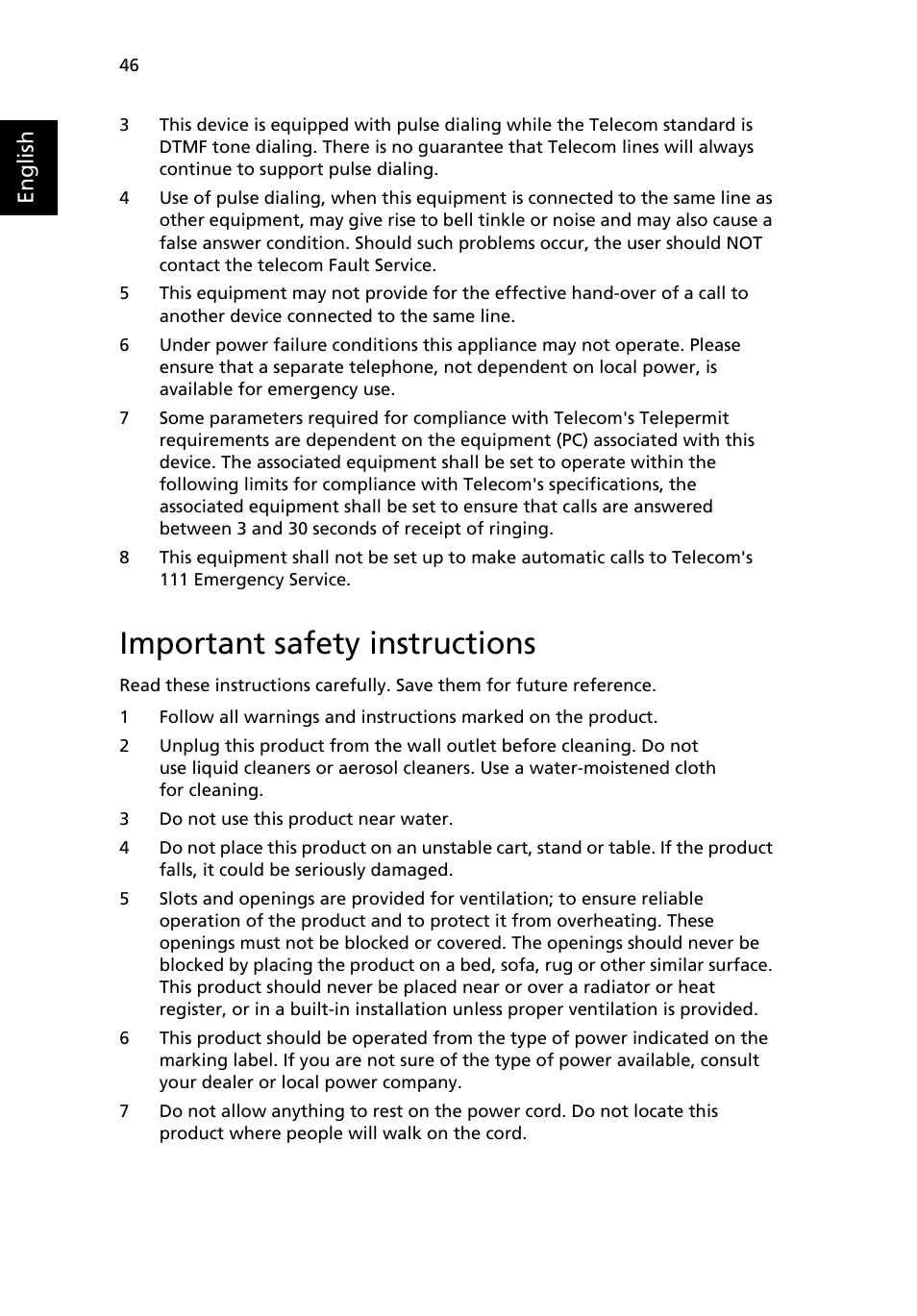 Important safety instructions | Acer TravelMate 2410 User Manual | Page 54 / 64