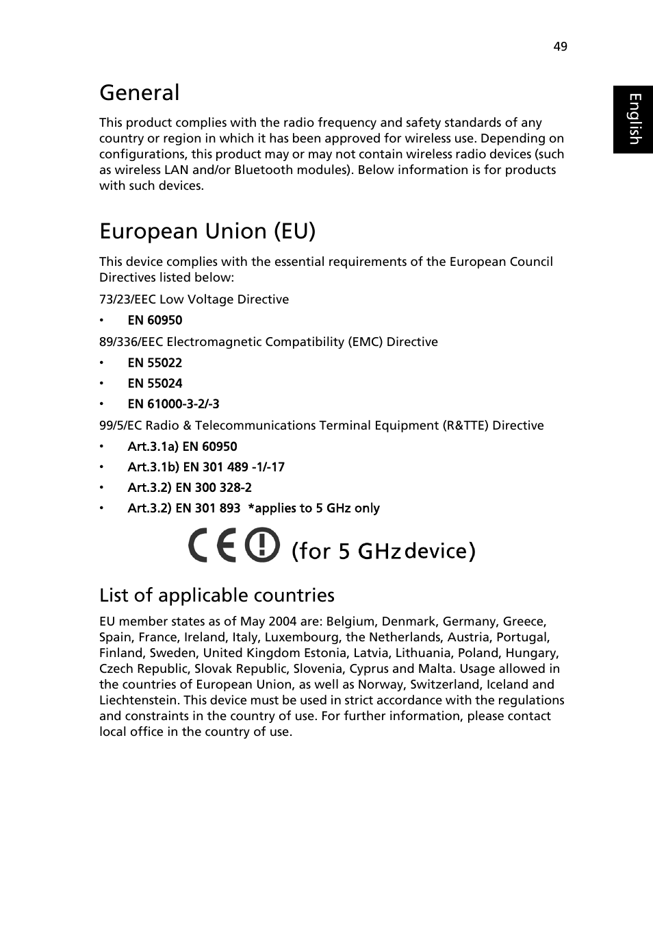 General, European union (eu), List of applicable countries | Acer TravelMate 2410 User Manual | Page 57 / 64