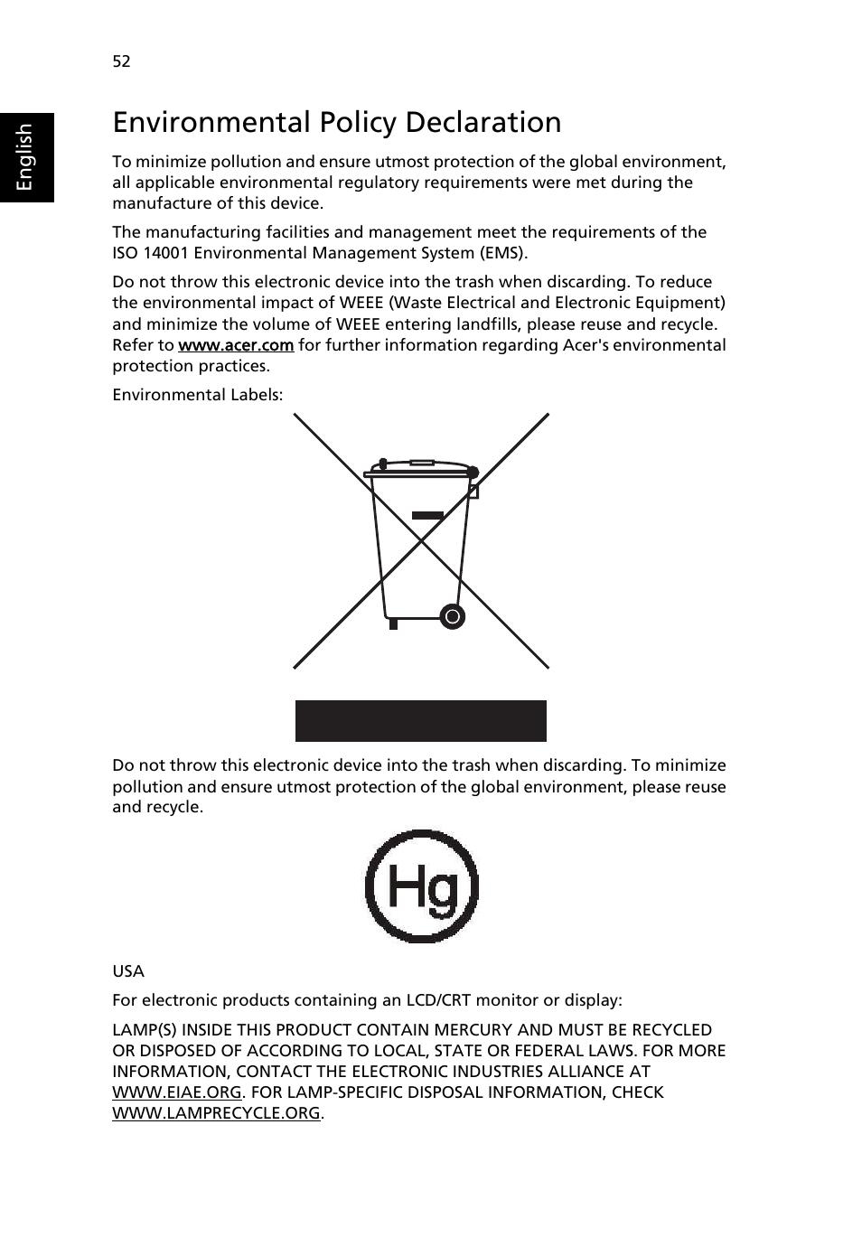 Environmental policy declaration | Acer TravelMate 2410 User Manual | Page 60 / 64