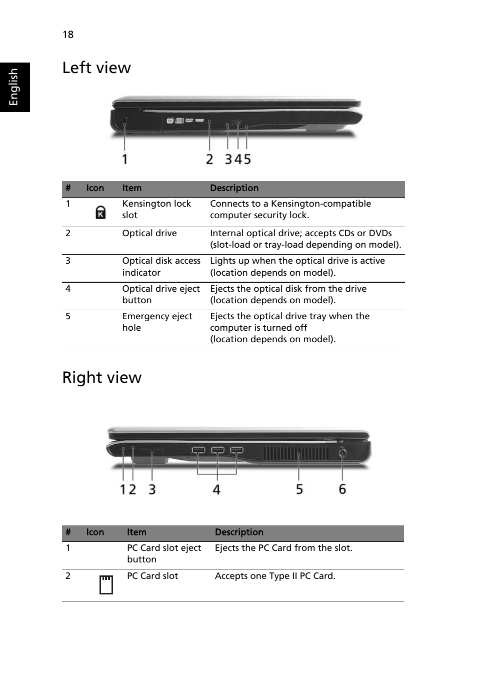 Left view, Right view, Left view right view | Acer TravelMate 5110 User Manual | Page 38 / 110