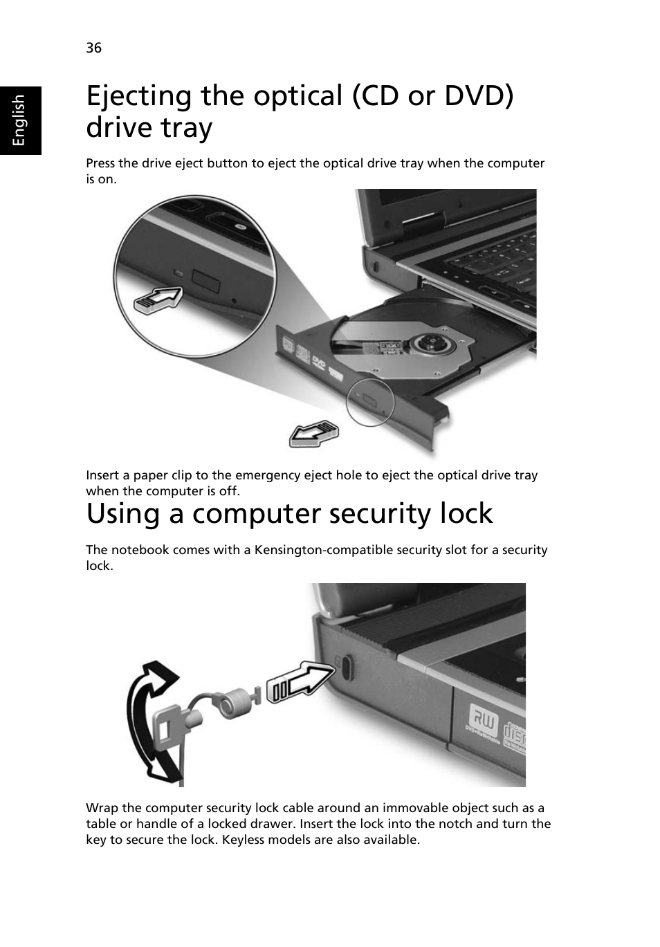 Ejecting the optical (cd or dvd) drive tray, Using a computer security lock | Acer TravelMate 5110 User Manual | Page 56 / 110