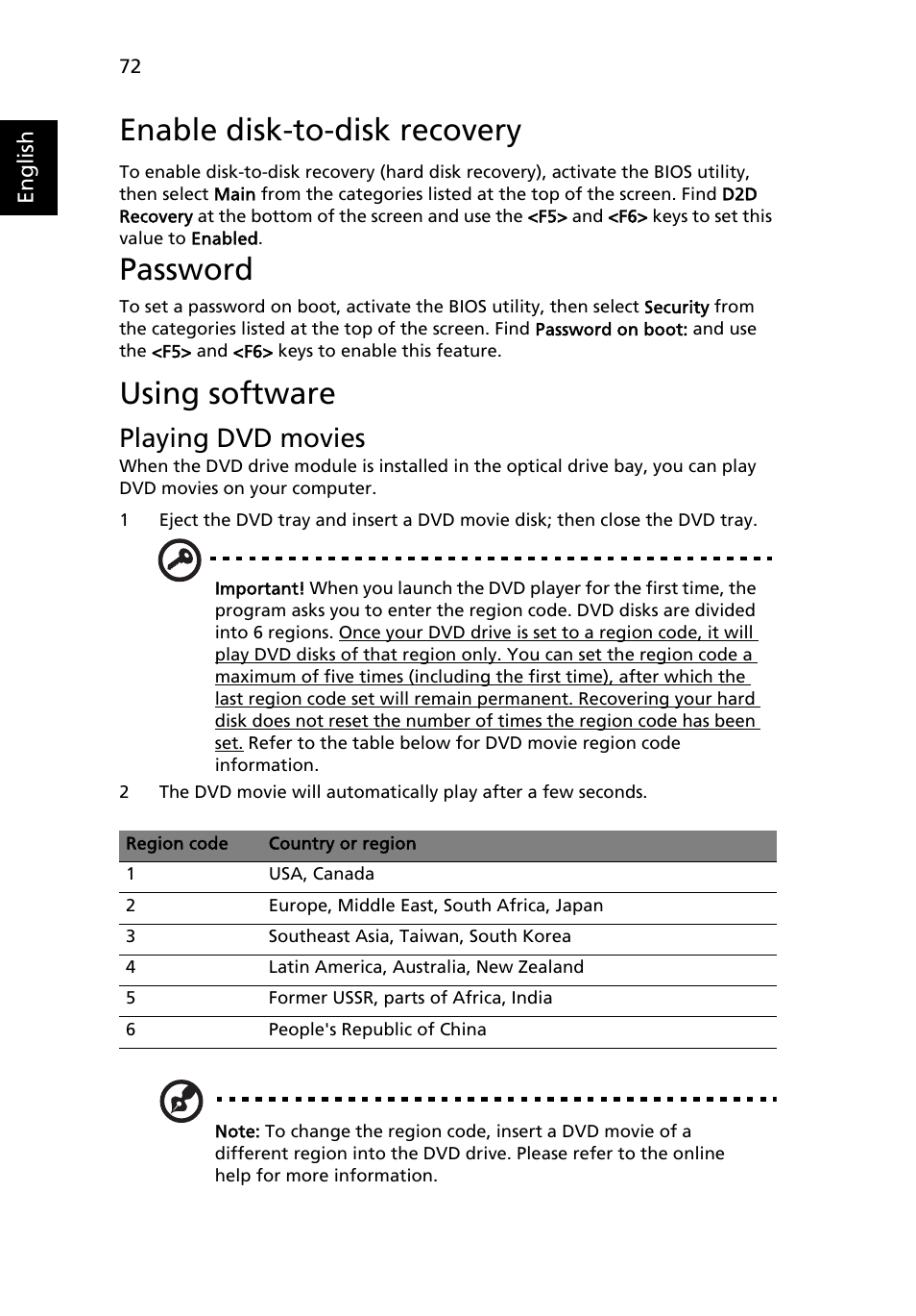 Using software, Enable disk-to-disk recovery, Password | Playing dvd movies | Acer TravelMate 5110 User Manual | Page 92 / 110