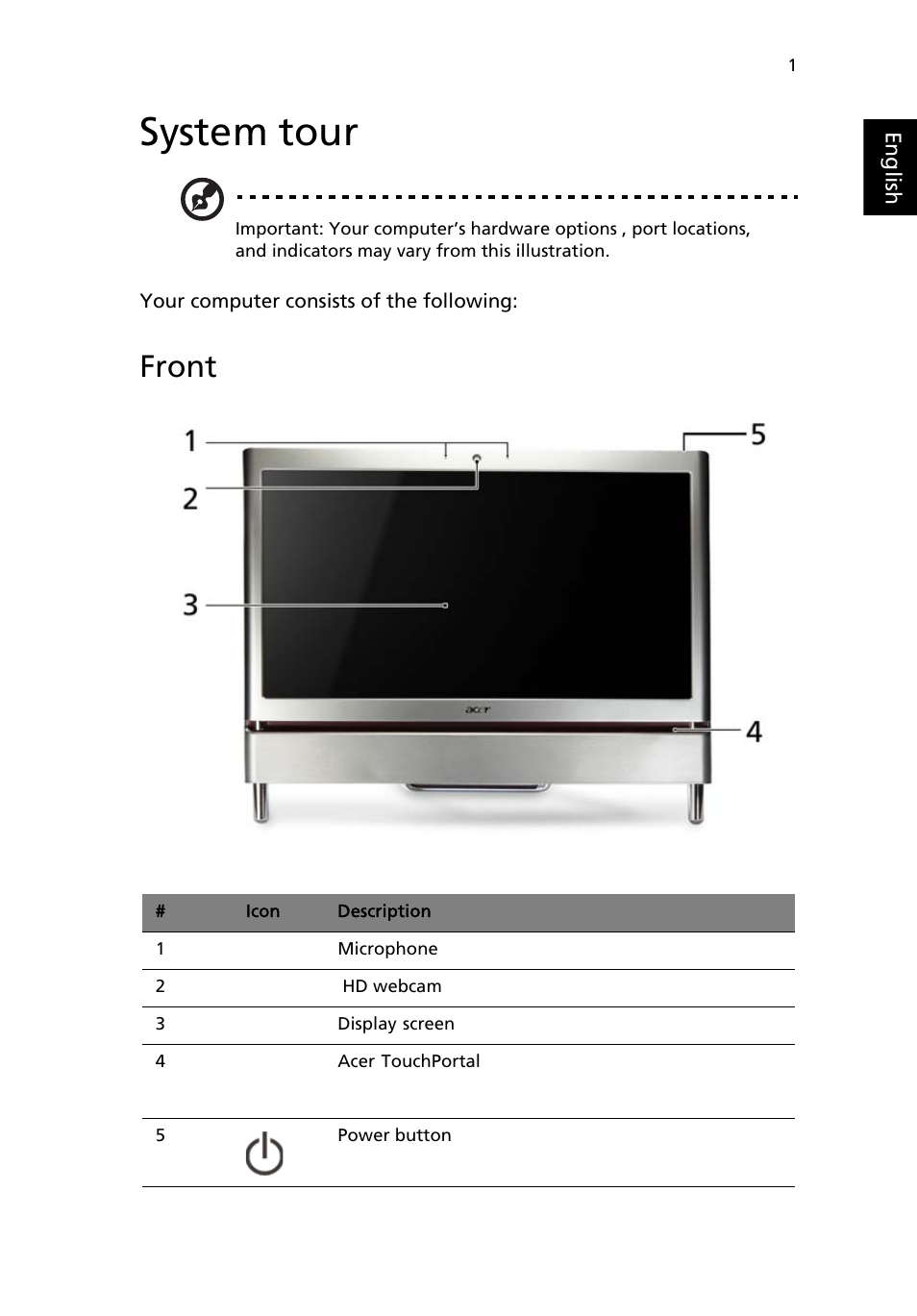 System tour, Front | Acer Aspire Z5610 User Manual | Page 11 / 30