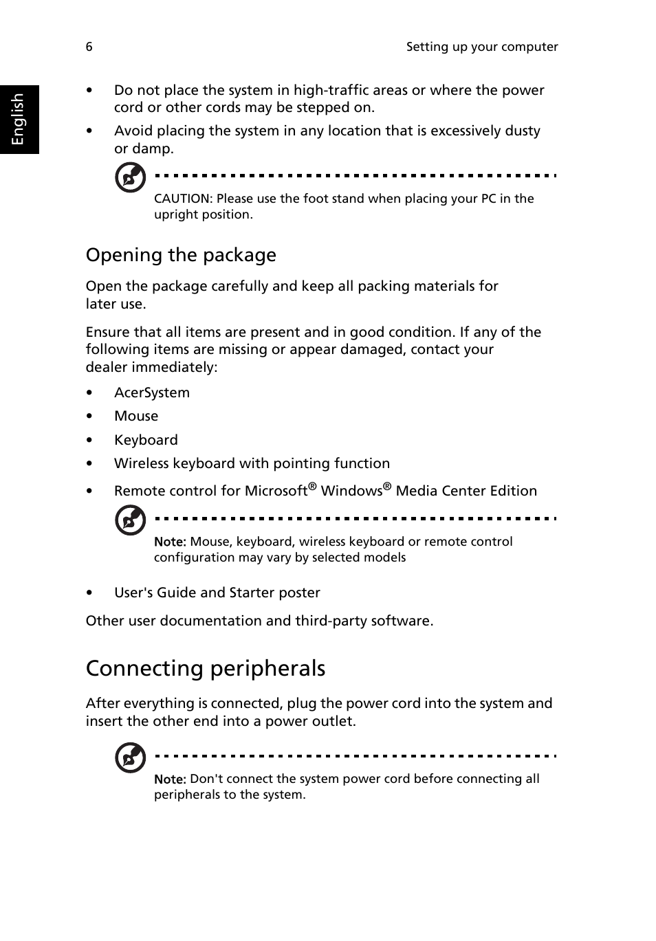 Connecting peripherals, Opening the package | Acer Aspire Z5610 User Manual | Page 16 / 30