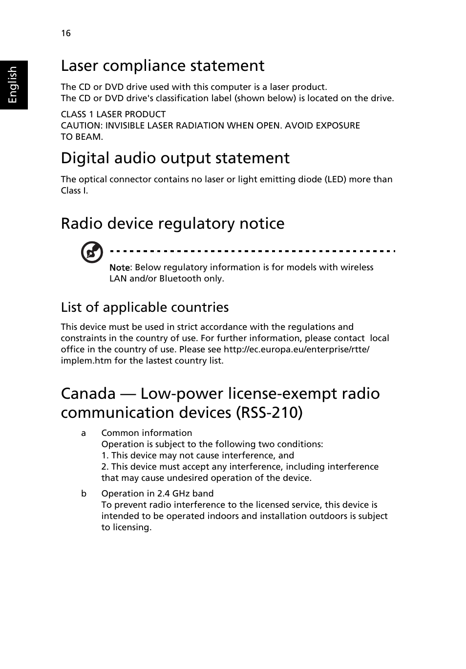 Laser compliance statement, Digital audio output statement, Radio device regulatory notice | List of applicable countries | Acer Aspire Z5610 User Manual | Page 26 / 30