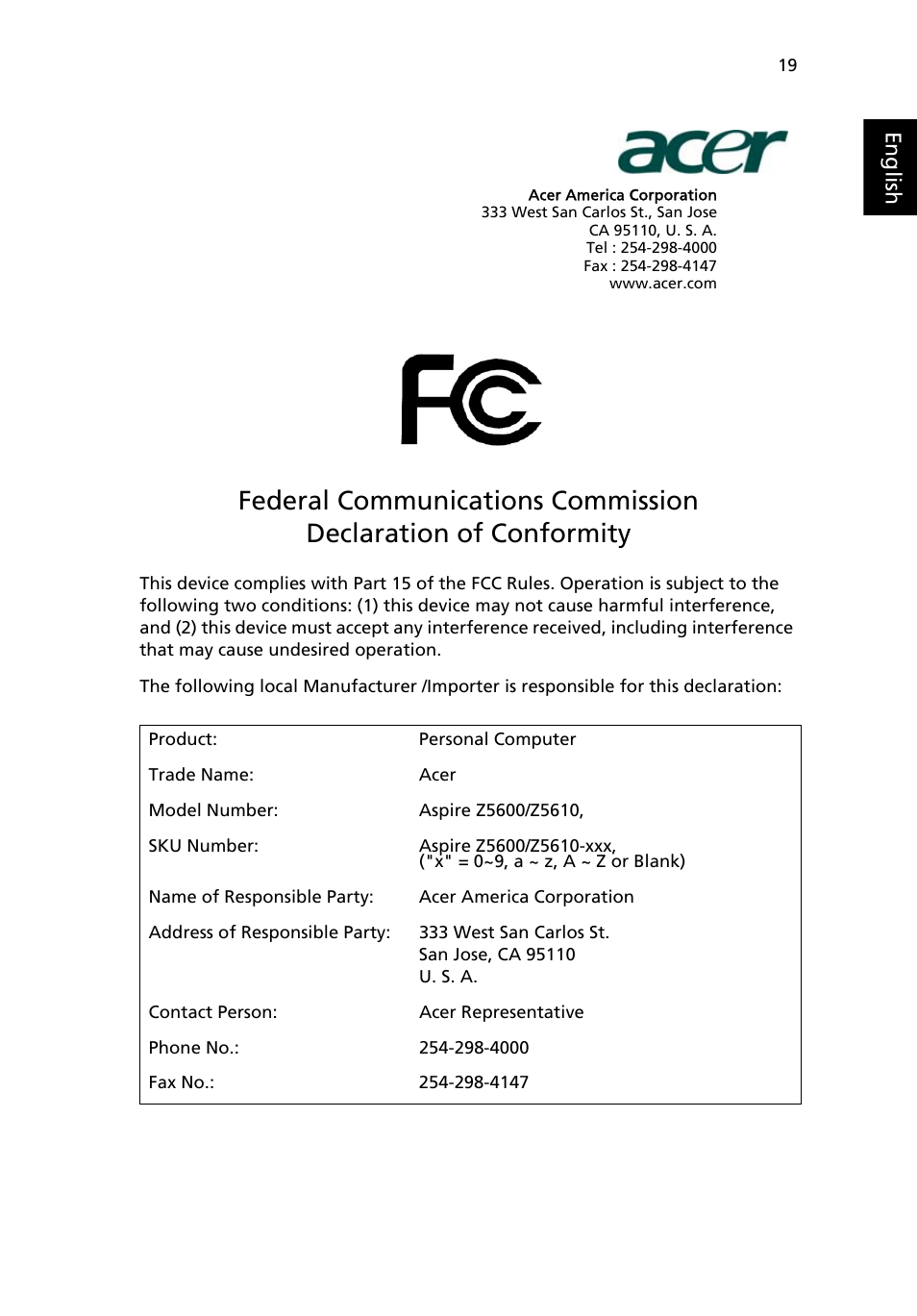 Federal communications commission | Acer Aspire Z5610 User Manual | Page 29 / 30