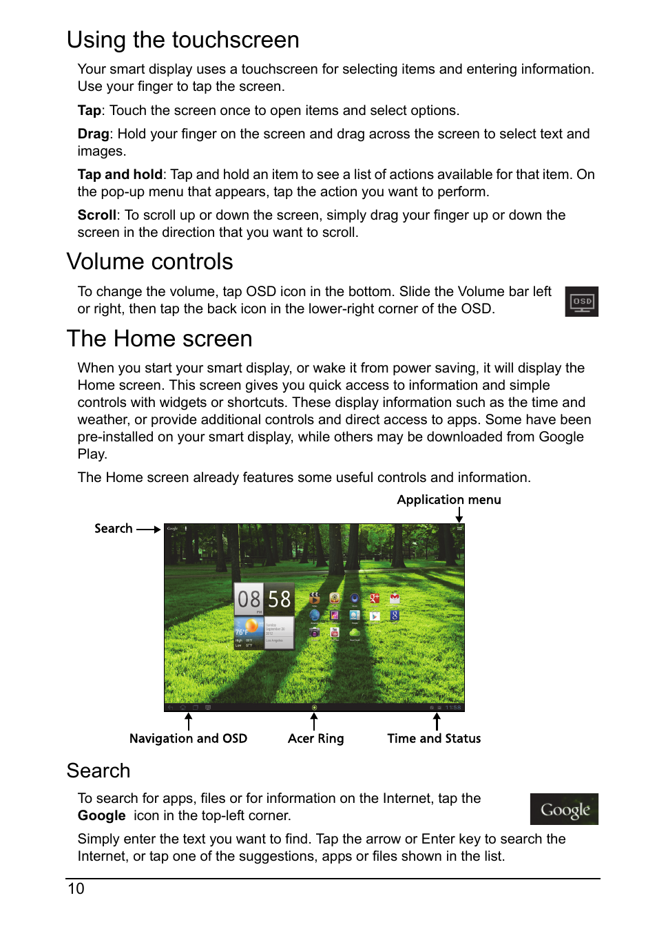 Using the touchscreen, Volume controls, The home screen | Search | Acer DA220HQL User Manual | Page 10 / 61