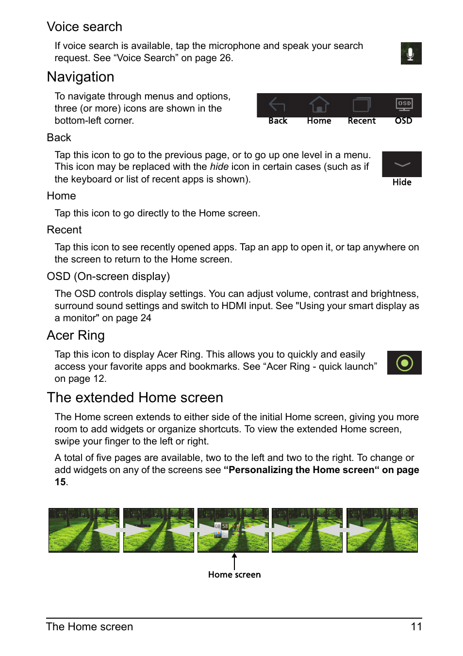 Navigation, The extended home screen, Voice search | Acer ring | Acer DA220HQL User Manual | Page 11 / 61