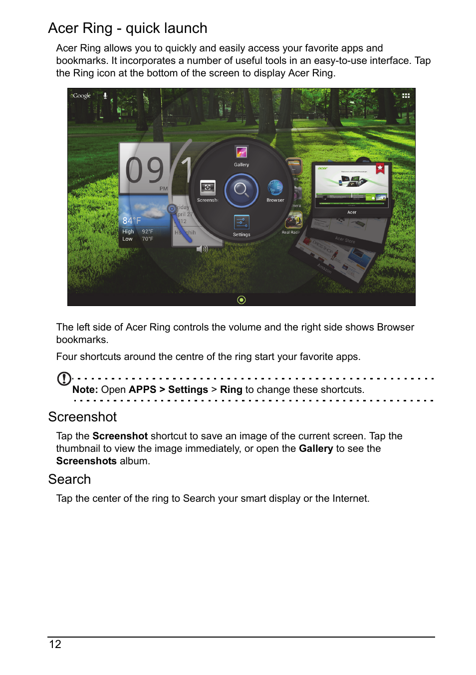 Acer ring - quick launch, Screenshot, Search | Acer DA220HQL User Manual | Page 12 / 61