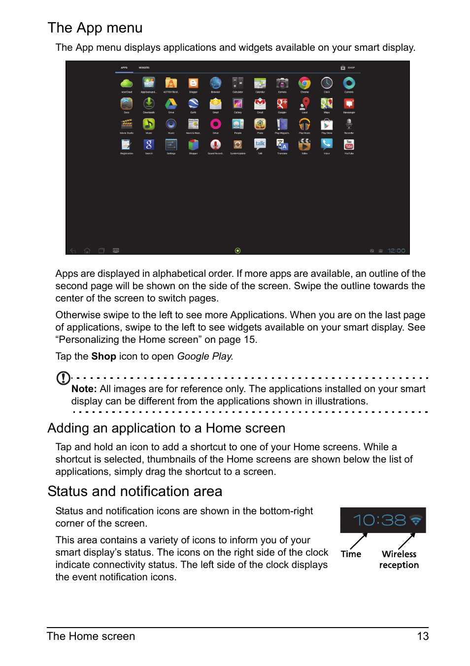 The app menu, Status and notification area, Adding an application to a home screen | Acer DA220HQL User Manual | Page 13 / 61