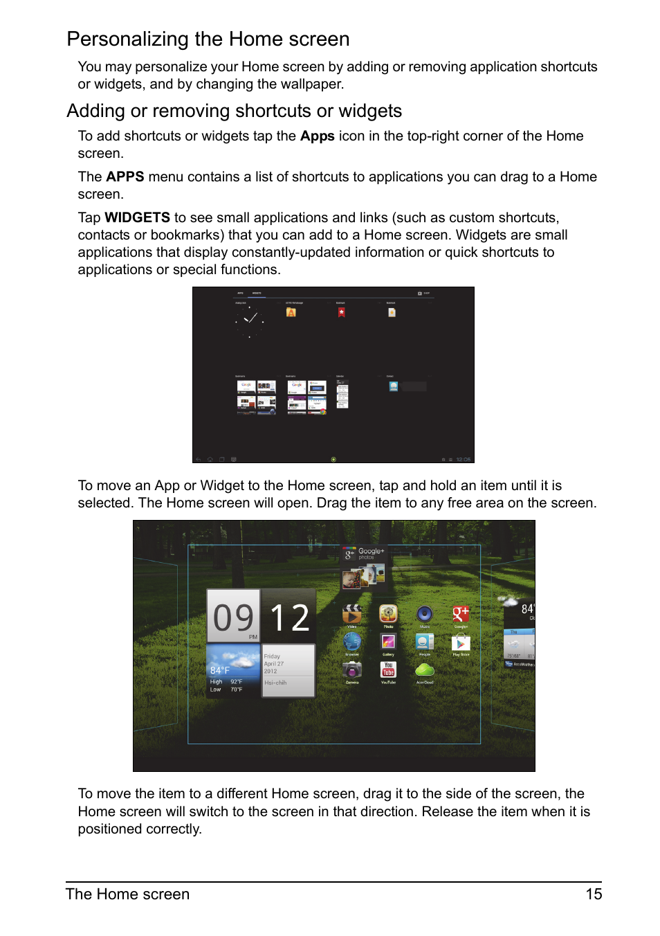 Personalizing the home screen, Adding or removing shortcuts or widgets | Acer DA220HQL User Manual | Page 15 / 61
