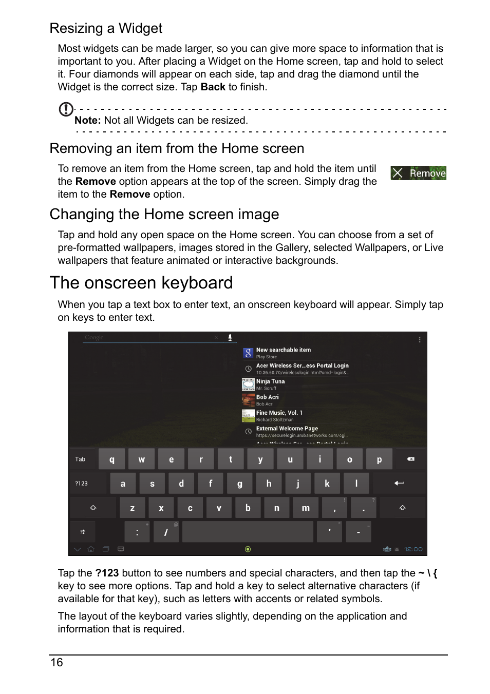 The onscreen keyboard, Changing the home screen image, Resizing a widget | Removing an item from the home screen | Acer DA220HQL User Manual | Page 16 / 61