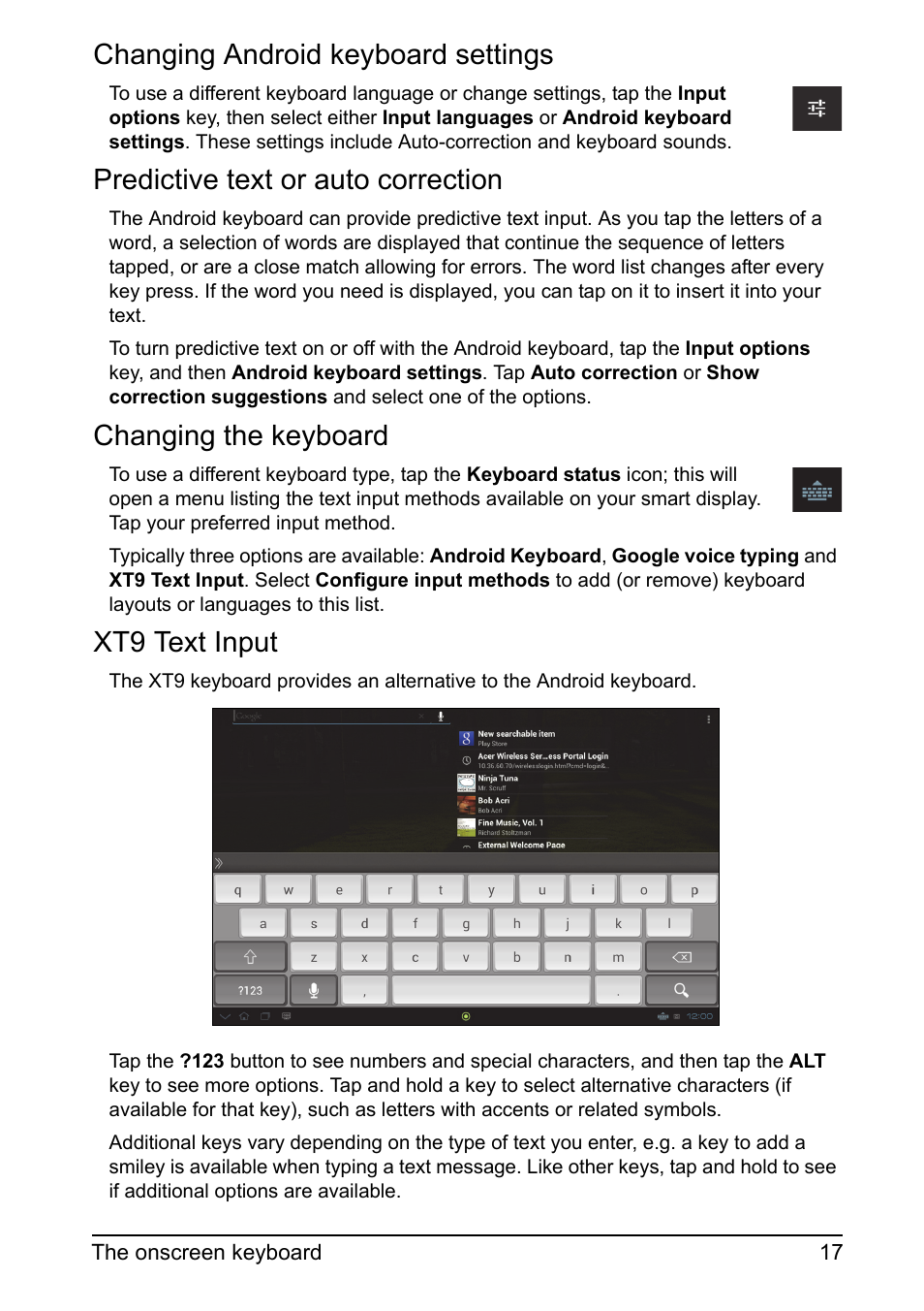 Changing android keyboard settings, Predictive text or auto correction, Changing the keyboard | Xt9 text input | Acer DA220HQL User Manual | Page 17 / 61