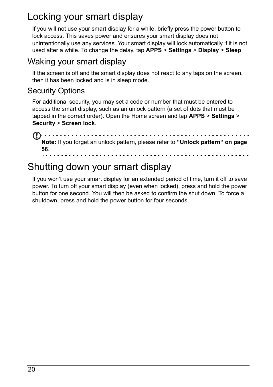 Locking your smart display, Shutting down your smart display, Waking your smart display | Acer DA220HQL User Manual | Page 20 / 61