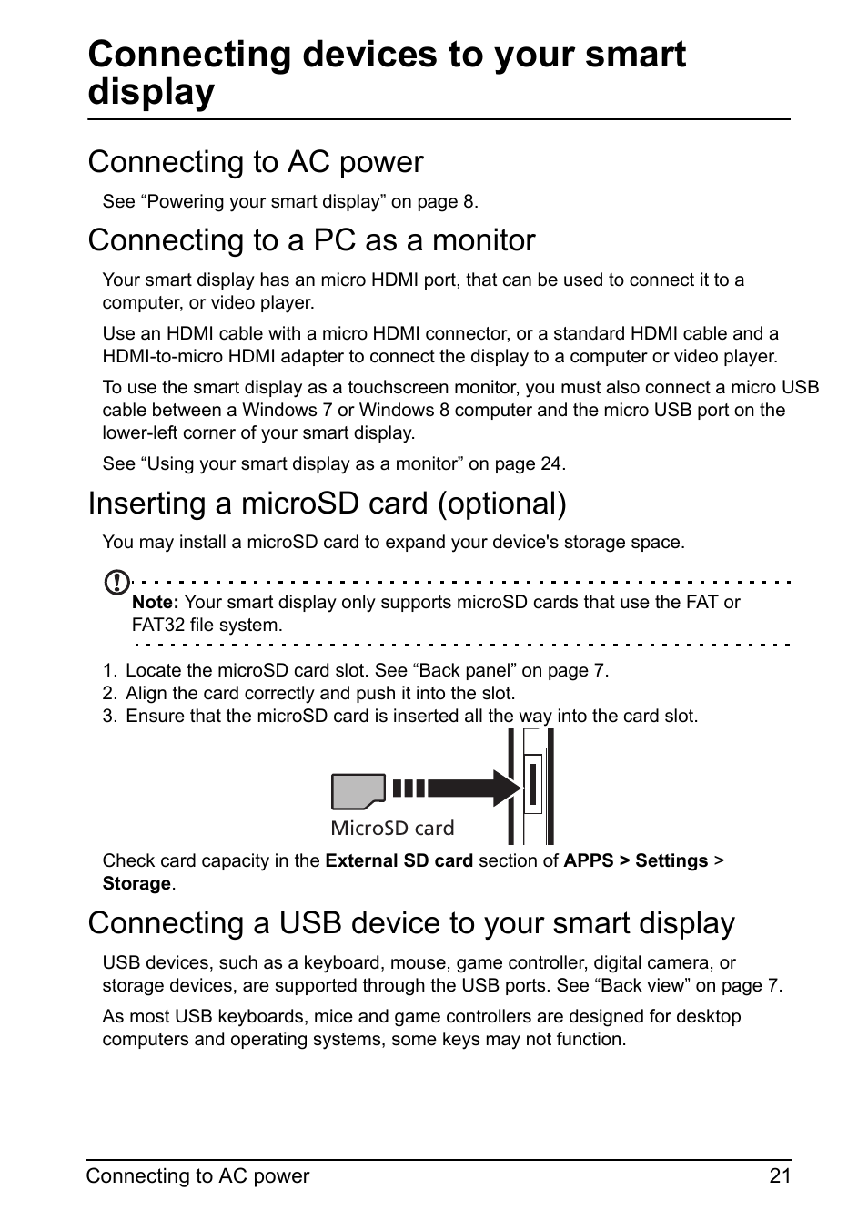 Connecting to ac power, Connecting to a pc as a monitor, Inserting a microsd card (optional) | Connecting a usb device to your smart display, Connecting devices to your smart display | Acer DA220HQL User Manual | Page 21 / 61