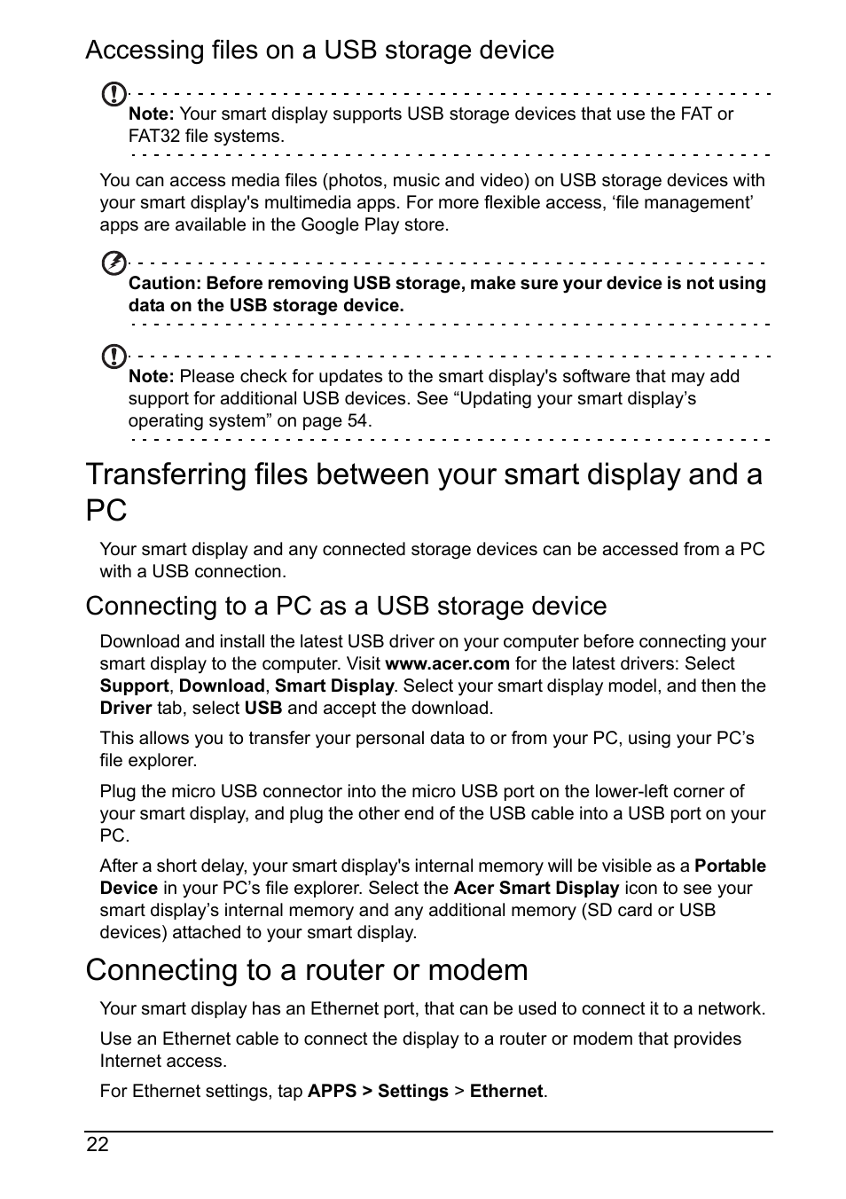 Connecting to a router or modem, Accessing files on a usb storage device, Connecting to a pc as a usb storage device | Acer DA220HQL User Manual | Page 22 / 61