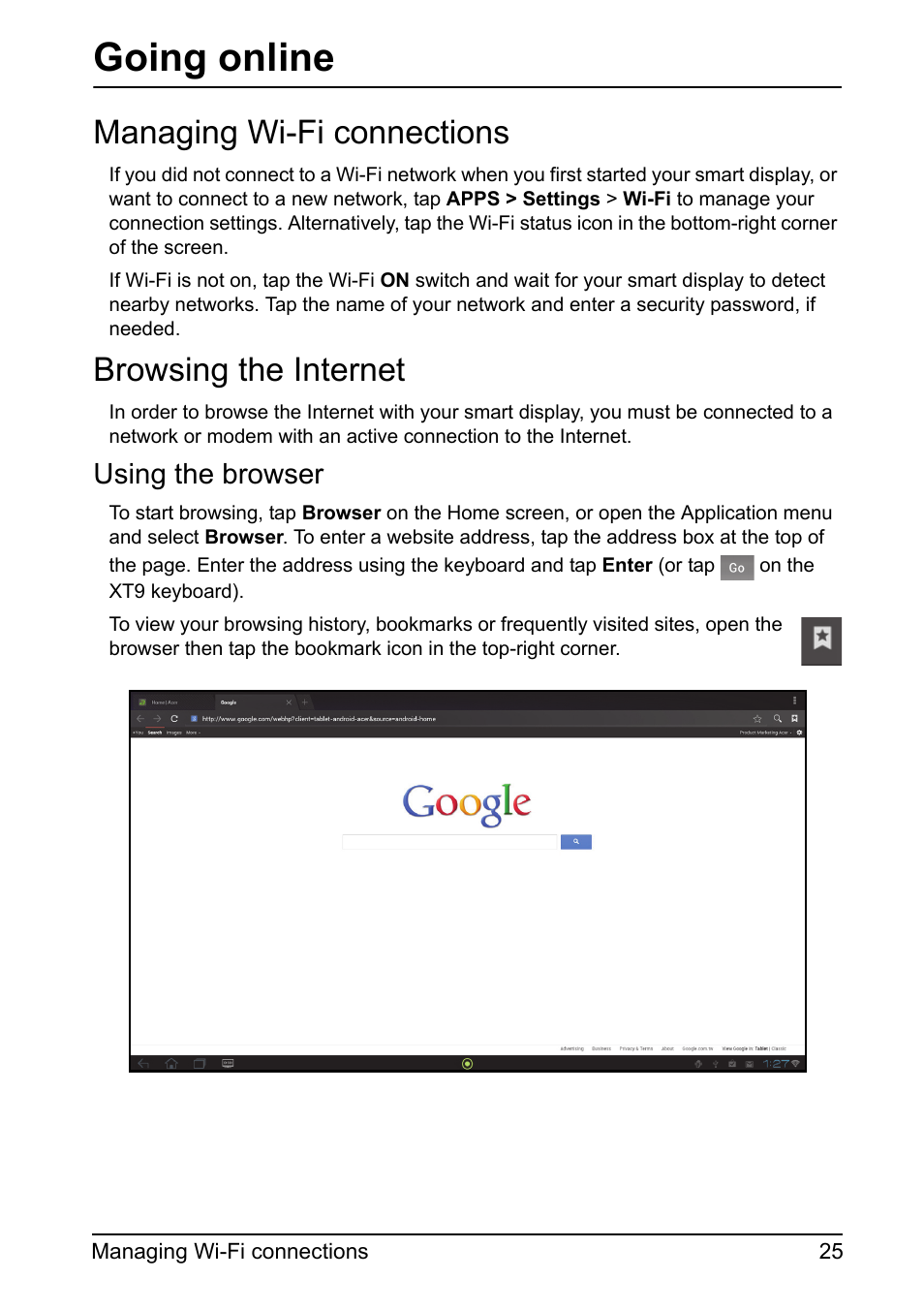 Managing wi-fi connections, Browsing the internet, Going online | Managing wi-fi connections browsing the internet, Using the browser | Acer DA220HQL User Manual | Page 25 / 61